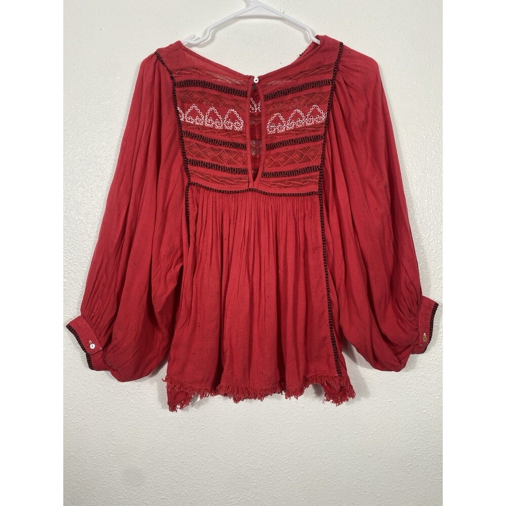 Free People Red Boho Embroidered Lace Peasant Top Women’s Size S/p - Picture 9 of 16